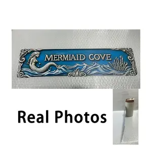 Vintage Mermaid Bay Aluminum Wall Art Decor, Nautical Style with Mermaid Tail and Shell, Turquoise Gold Ocean Design, Indoor Outdoor Decoration