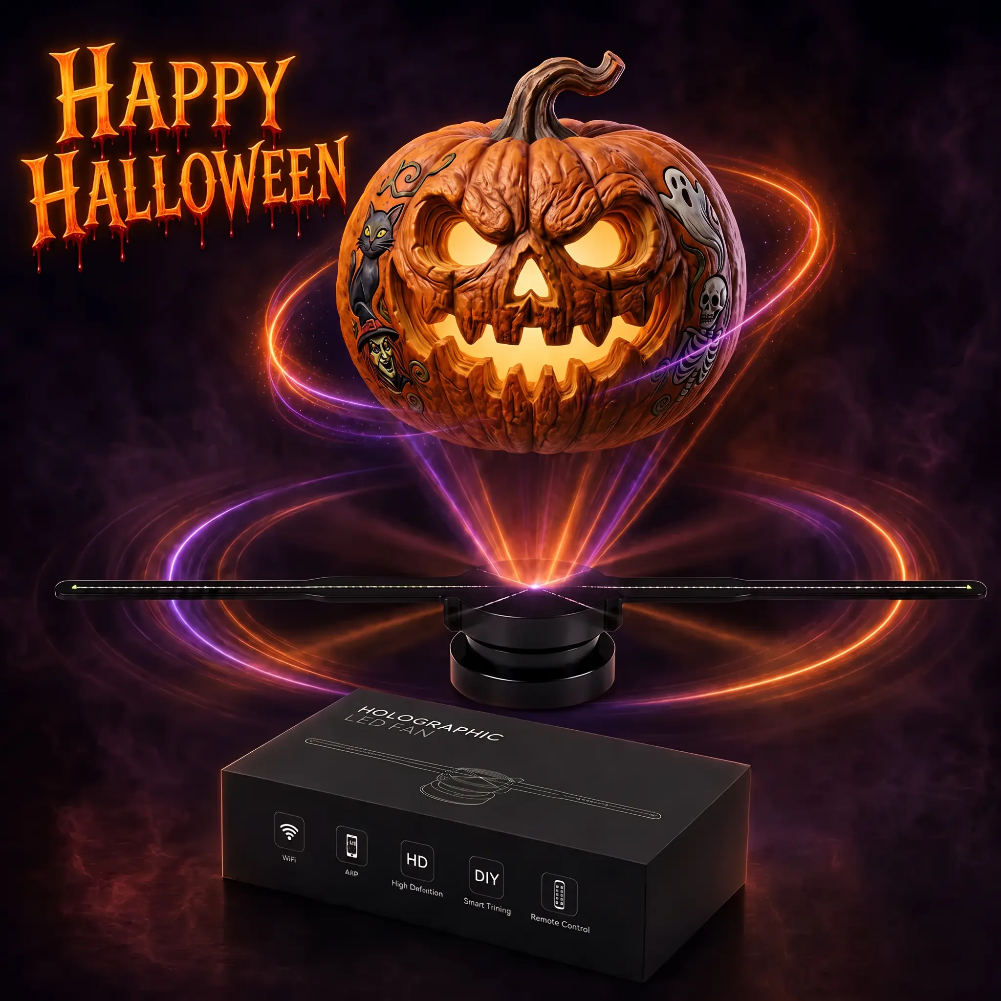 3D hologram fan, holographic projection lamp, dual-blade LED holographic display 42cm, 224 LED beads, controllable via app, custom ad light supporting video uploads, simple wall mounting, holiday present, Halloween gathering, home theater decor