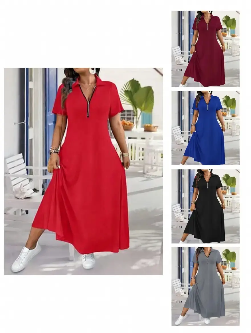 Women's Comfy Quarter Zip Polo Maxi Dress - Short Sleeve Casual Swing T-Shirt Dress, Multiple Colors, Polyester, Pullover Womenswear