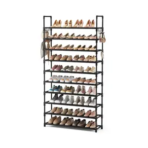 10 Tier Shoe Rack Tall Organizer Large Capacity Metal Shoe Shelf with Hooks Storage for Entryway Closet Bedroom