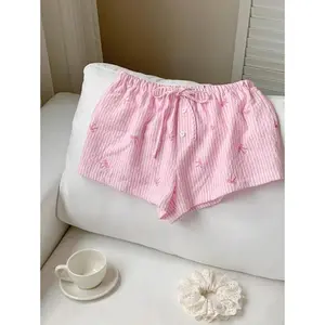 SummerElegantStripePrintSweetPinkBowStripedLowWaistedElasticShortsFabricFitWomenswearBottom