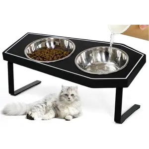 Elevated Gothic Raised Cat Food Bowls for Indoor Cats Whisker Friendly Stainless Steel Food Bowls with Non-Slip Stand & Wood Board