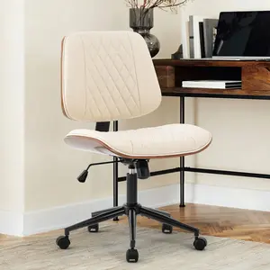 Armless Desk Chair with Wheels and Adjustable Height, Compact Task Chair with Retro Wood Frame and Breathable PU Leather, 360° Swivel Rolling Chair for Home Office, Study, Gaming – Slim Profile Fits Under Desks, Comfortable Ergonomic Design