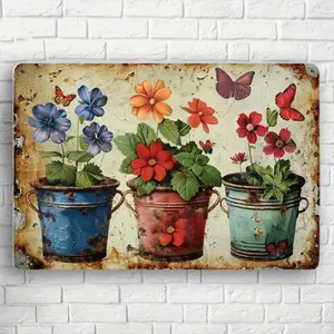 Vintage Garden Metal Wall Art Sign with Colorful Flowers & Butterflies – Rustic Iron Decorative Plaque for Indoor/Outdoor Use in Home, Office, Bar, Café, School, Library, Garage