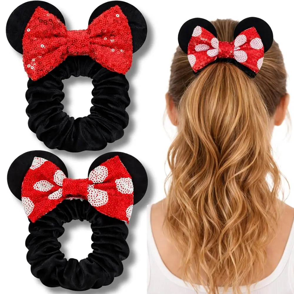 Styla Hair Velvet Bow Mouse Ear Scrunchies for Women, 2 Pack Red and Black Hair Accessories