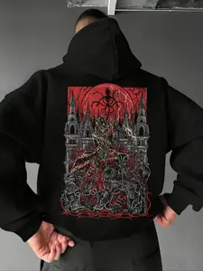 New Men's Bloodborne Pattern Print Hoodie, Spring & Fall Loose-Fit Long Sleeve Casual Hooded Sweatshirt with Pockets, Fashionable Daily Wear Top