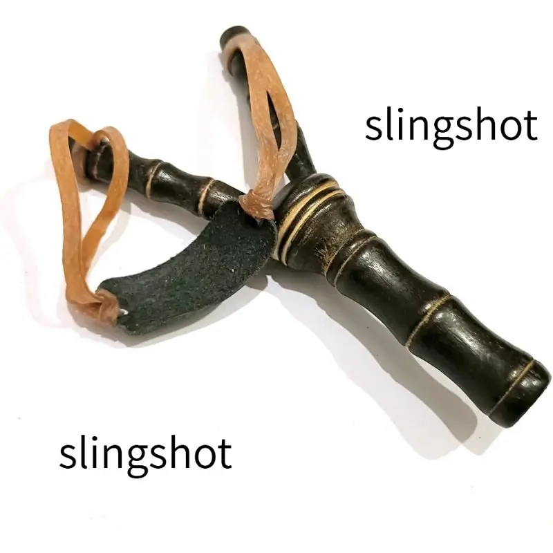 Retro Hand Carved Wood Slingshot, Traditional Black Wooden Sling Shot with Genuine Leather Pouch for Backyard Target Practice