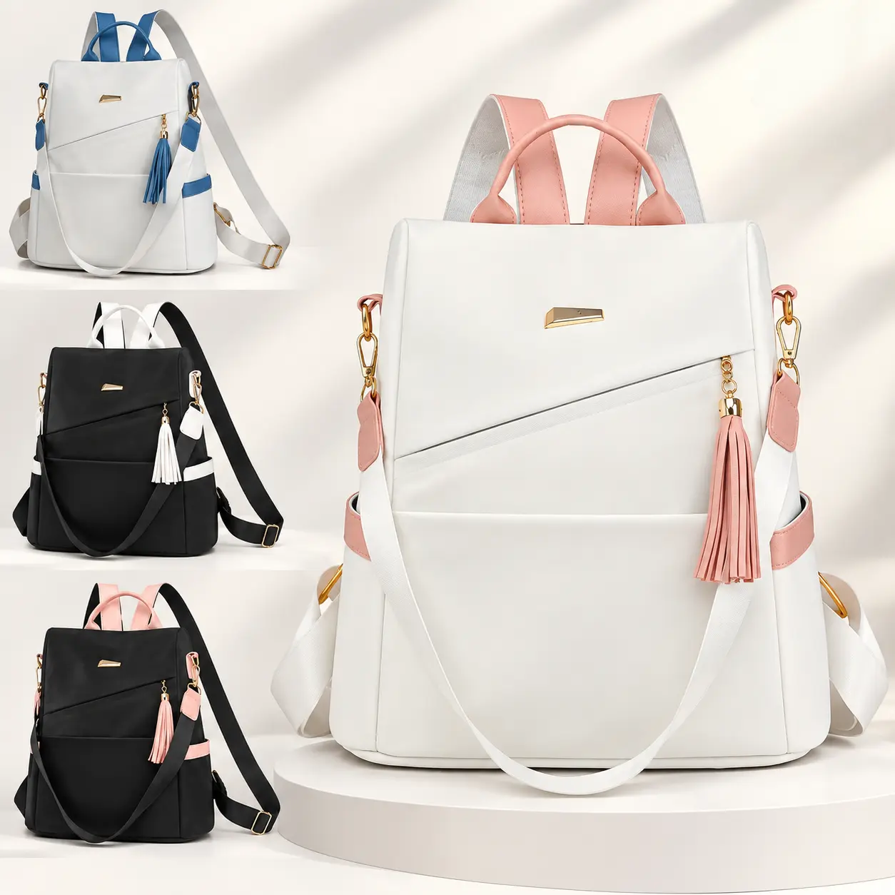 Women's Anti-Theft Patchwork Backpack, Soft Durable Nylon Lightweight Everyday Stylish Traveling Daypack, Large Capacity 2-Way Zipper Backpack Luggage for Travel Commuter