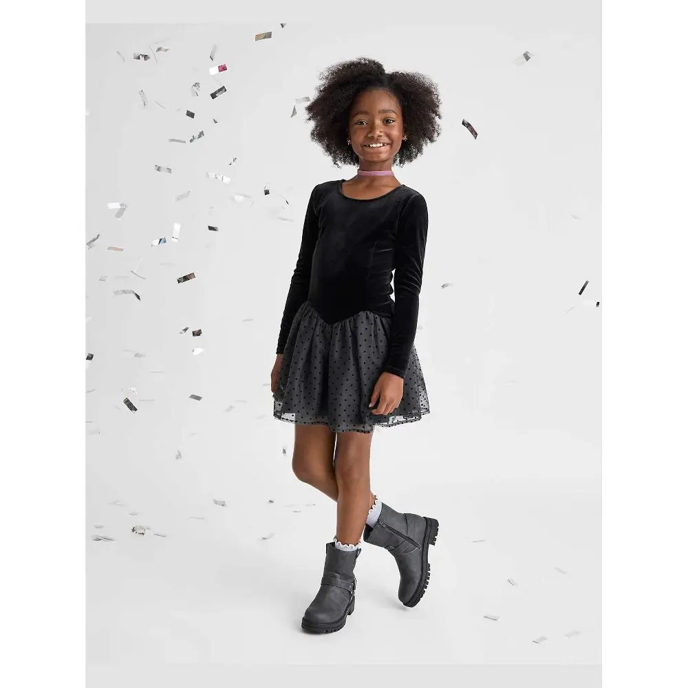 The Children's Place Girls Long Sleeve Flocked Floral Drop Waist Tutu Dress Black XL (14)