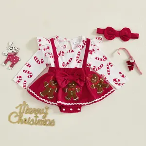 Baby Girls Christmas Romper Dress Gingerbread Embroidery Candy Cane Long Sleeves Jumpsuits and Cute Headband