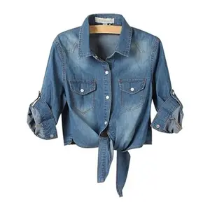 Women's 3/4 Sleeve Denim Crop Top, Tie Knot Shirt, Cardigan, Denim Shirt Jacket