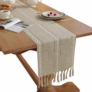 Handmade Tassel Table Runner American Style Cotton Linen Blend Plaid Coffee Table Mat Home Long Decorative Cloth Moses Stripe