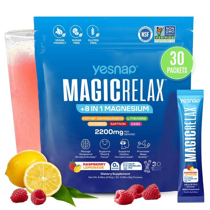 Yesnap MAGICRELAX Calming Sparking Mix with 8-in-1 Magnesium, KSM-66 Ashwagandha, Saffron, Vitamin D3, GABA & L-Theanine Supports Cortisol Balance Mood Sleep 30 Servings, No Sugar, Non GMO, Raspberry Lemonade Flavor
