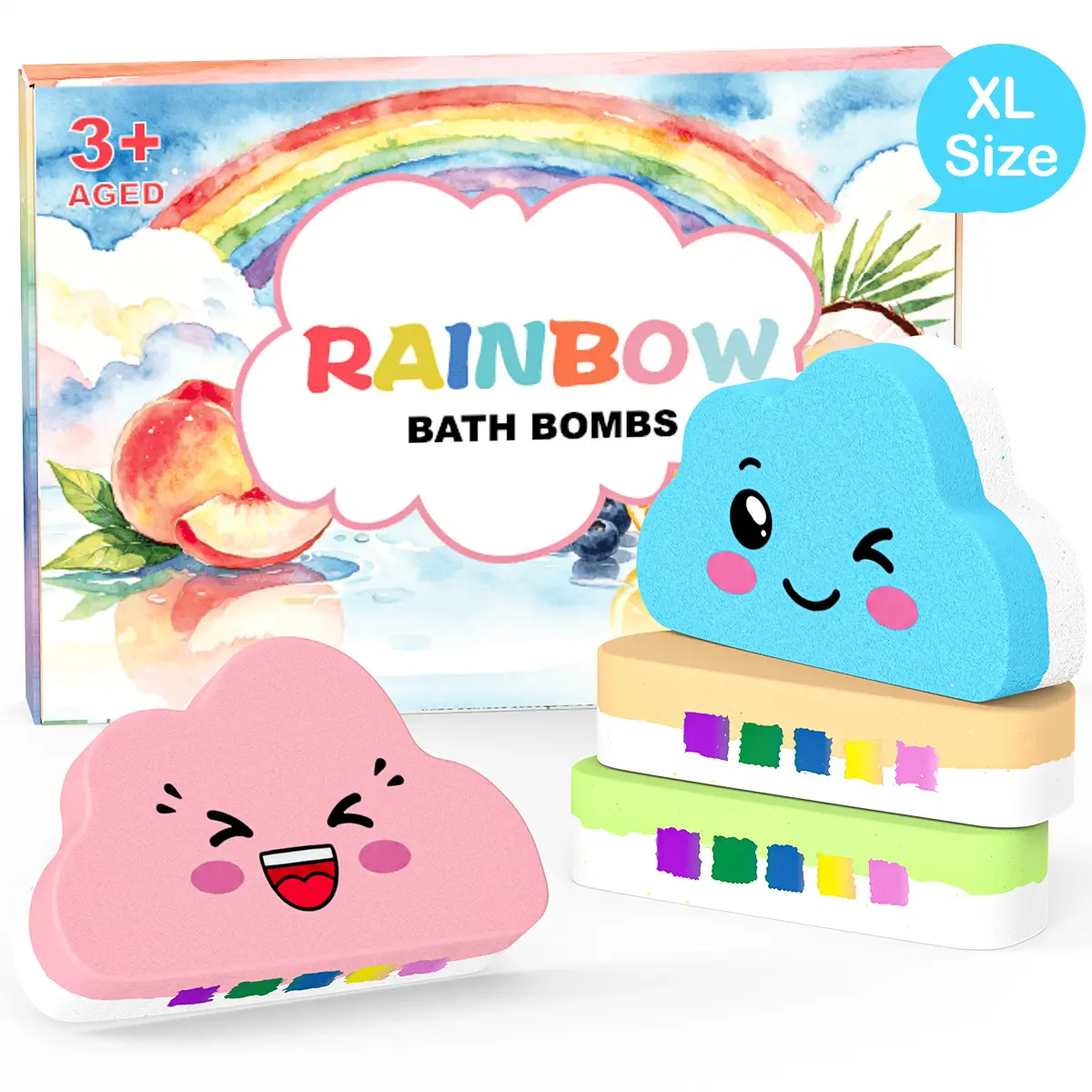 Rainbow Bath Bombs Handmade 4 Pcs, Summer Bath Time Fun for Girls Teens Toddlers, Rainbow Bubble Fizzy, XL Size