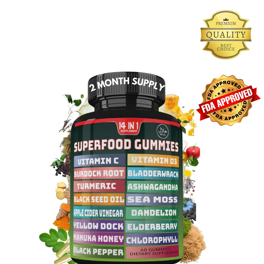 15-in-1 Superfood Gummies with Healthy Ingredients, Vitamin C, Burdock Root, Sea Moss, ACV, D3, Daily Vitamins - Herbal Supplements for Detox, Immunity Support