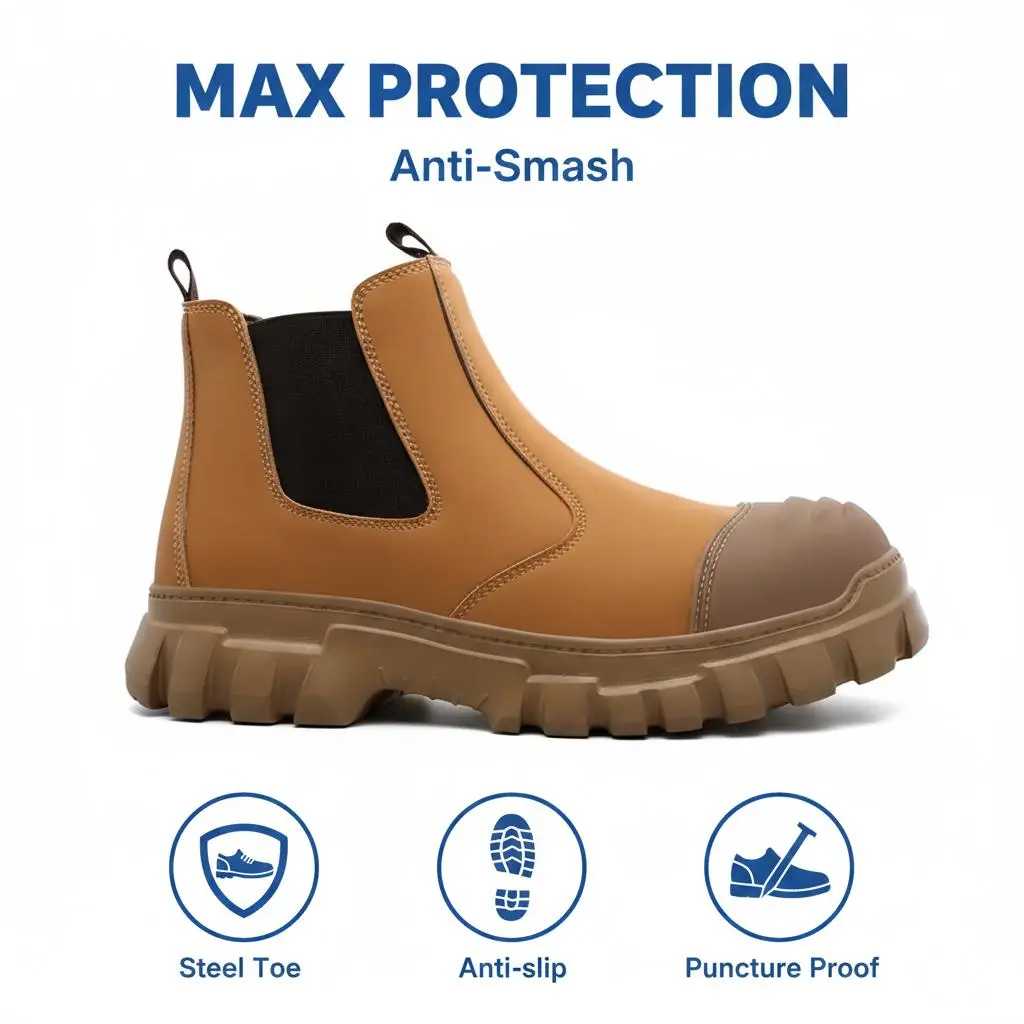 Brown Safety Shoes with Steel Toe, Lightweight Anti Slip Work Sneakers, Splash Proof, Smash Resistant and Breathable for Factory, Workshop and Industrial Use