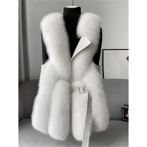 Women's Plush Artificial Fur Tank Top Jacket - Winter Warm Coat, Belt and Collar, Soft Brown/Beige/Brown/Machine Washable Lightweight Coat, Suitable for Autumn and Winter Pairing (No Design)