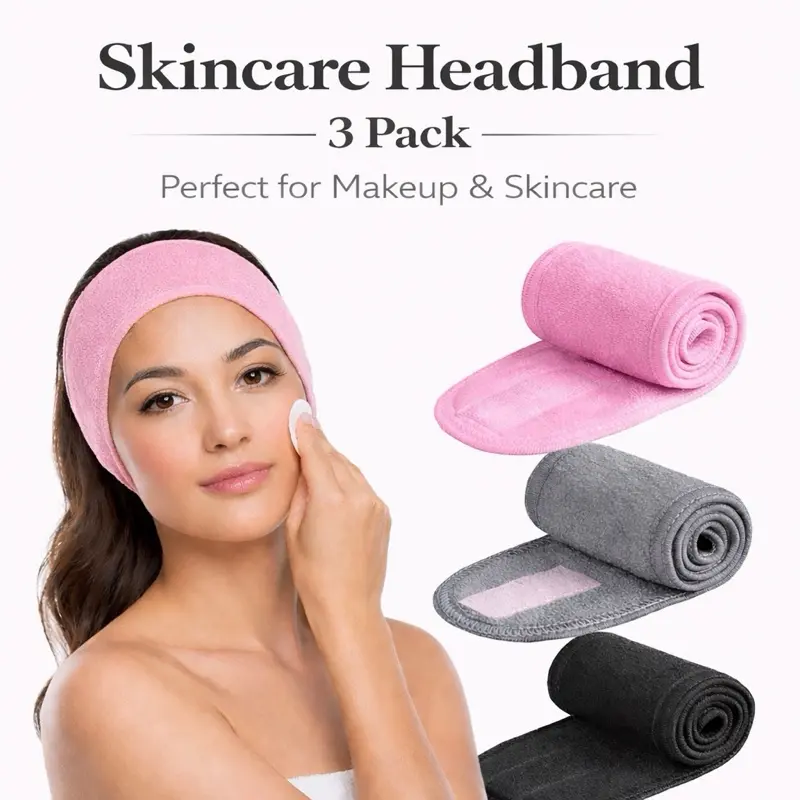 Spa Headbands, 3-Pack Terry Cloth, Washable Absorbent Head Wraps for Skincare, Makeup, Sports, Black/Pink/Gray Hair Accessories