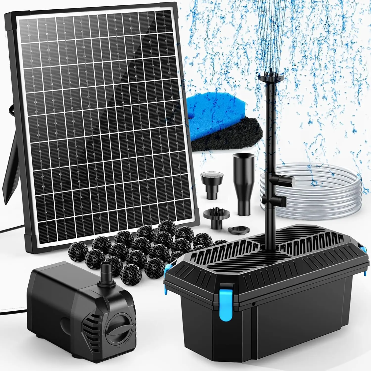 POPOSOAP 20W Solar Pond Filter System with Fountain Pump, Solar Water Pump for Koi Pond, Fish Pond & Garden Fountain, Multi-Layer Filtration for Outdoor Pond, Waterfall, Water Feature & Backyard DIY