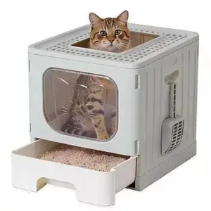 Large Foldable Covered Cat Litter Box with Drawer Design, Includes Free Cat Litter Scoop, Anti-Splashing and Odor-Locking Structure, Easy-to-Clean Pull-Out Tray, Foldable for Space-Saving Storage