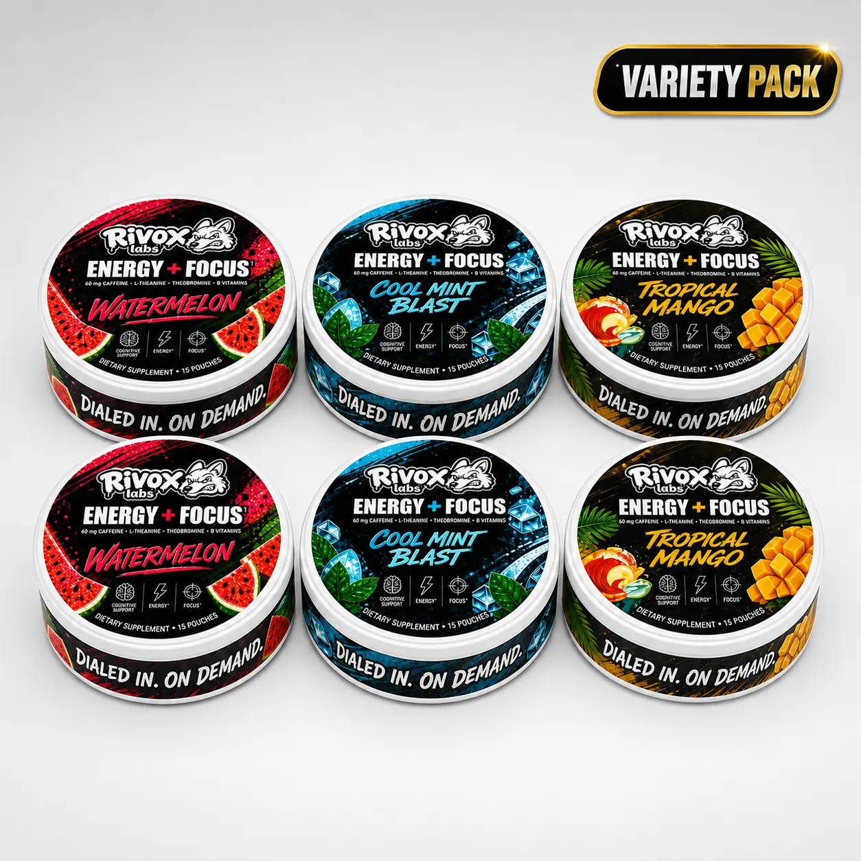 Rivox Focus Pouches – 6-Pack | 2 of each flavor, Zero Nicotine