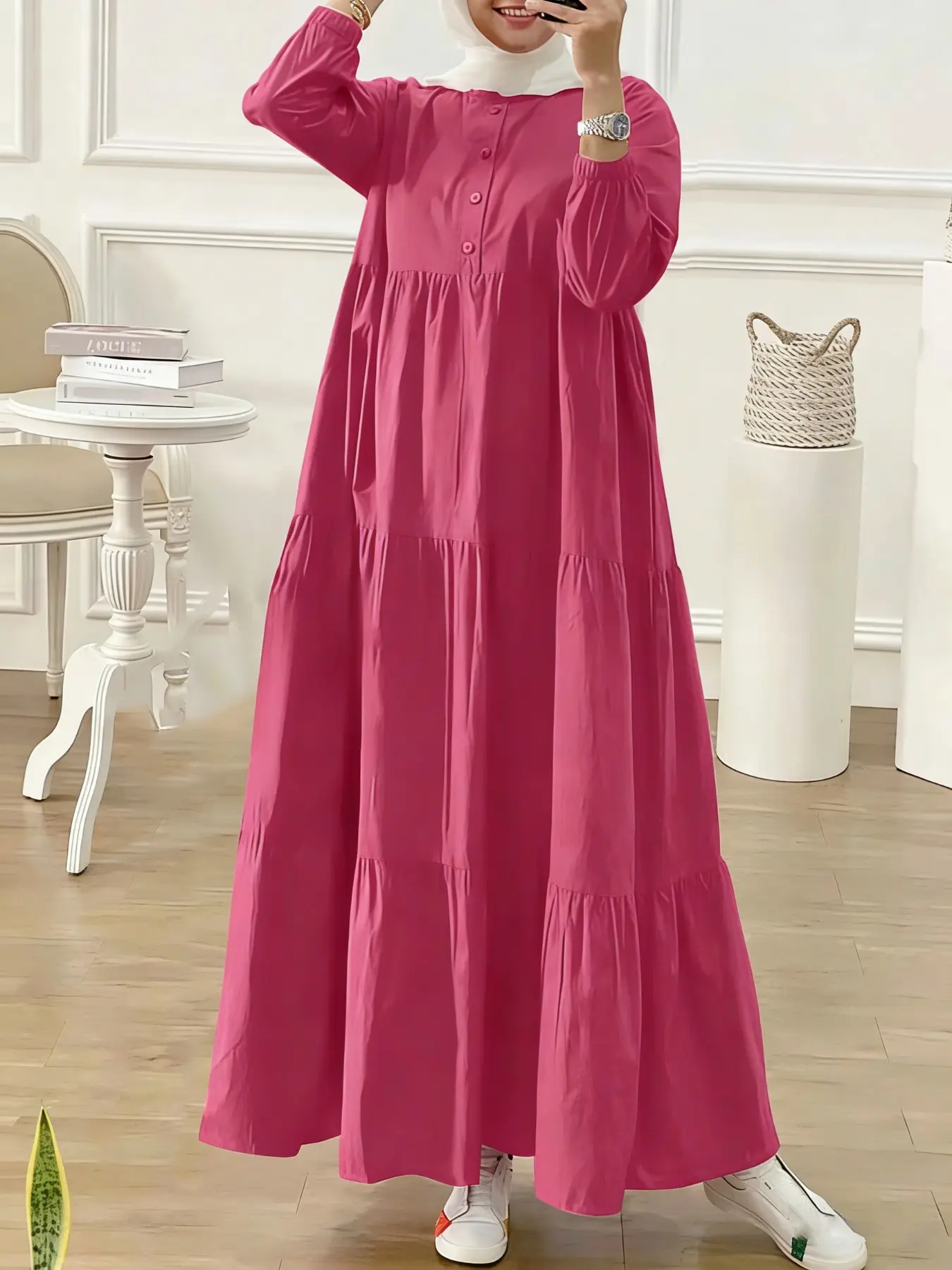 Women's Solid Button Front Ruffle Hem Arabian Dress, Modest Style Bishop Sleeve Tiered Layer Long Dress for Daily Wear, Women's Islamic Clothing for Fall & Winter, Muslim Long Sleeve Dress, Casual Dress, Modesty Muslim Clothing