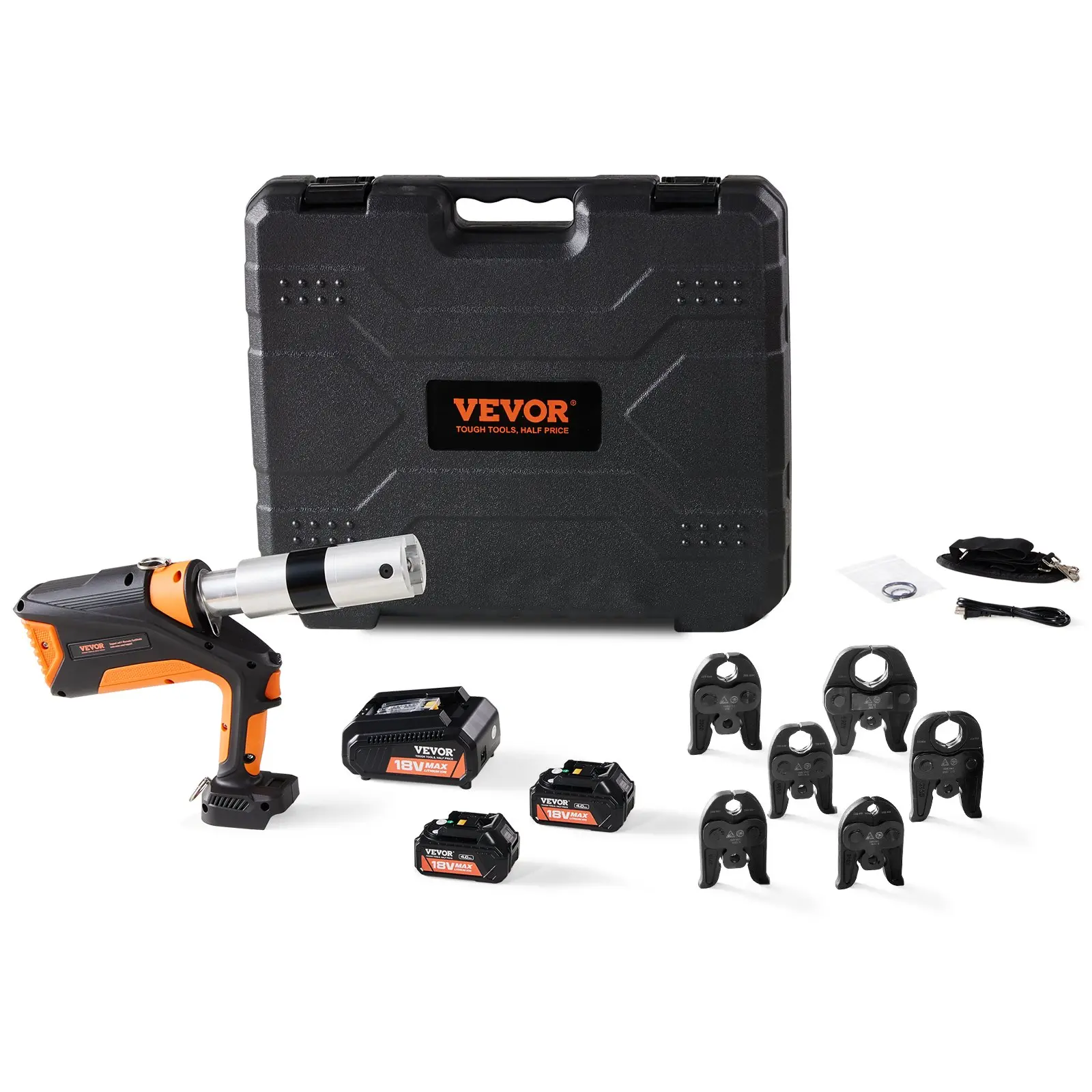 VEVOR Professional 18V Cordless Pipe Crimper, suitable for 1/2-2 Stainless Steel, Copper, PEX Tubing, features 360 Swivel, Brushless Motor includes 6 Crimping Jaws