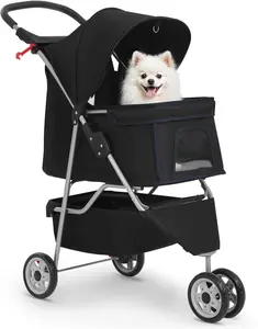 3-Wheel Pet Stroller | Dog and Cat Stroller | Breathable Mesh | Lightweight Travel Carrier | Waterproof & Foldable Design | Storage Basket | Black | for Daily Walks & Outdoor Use
