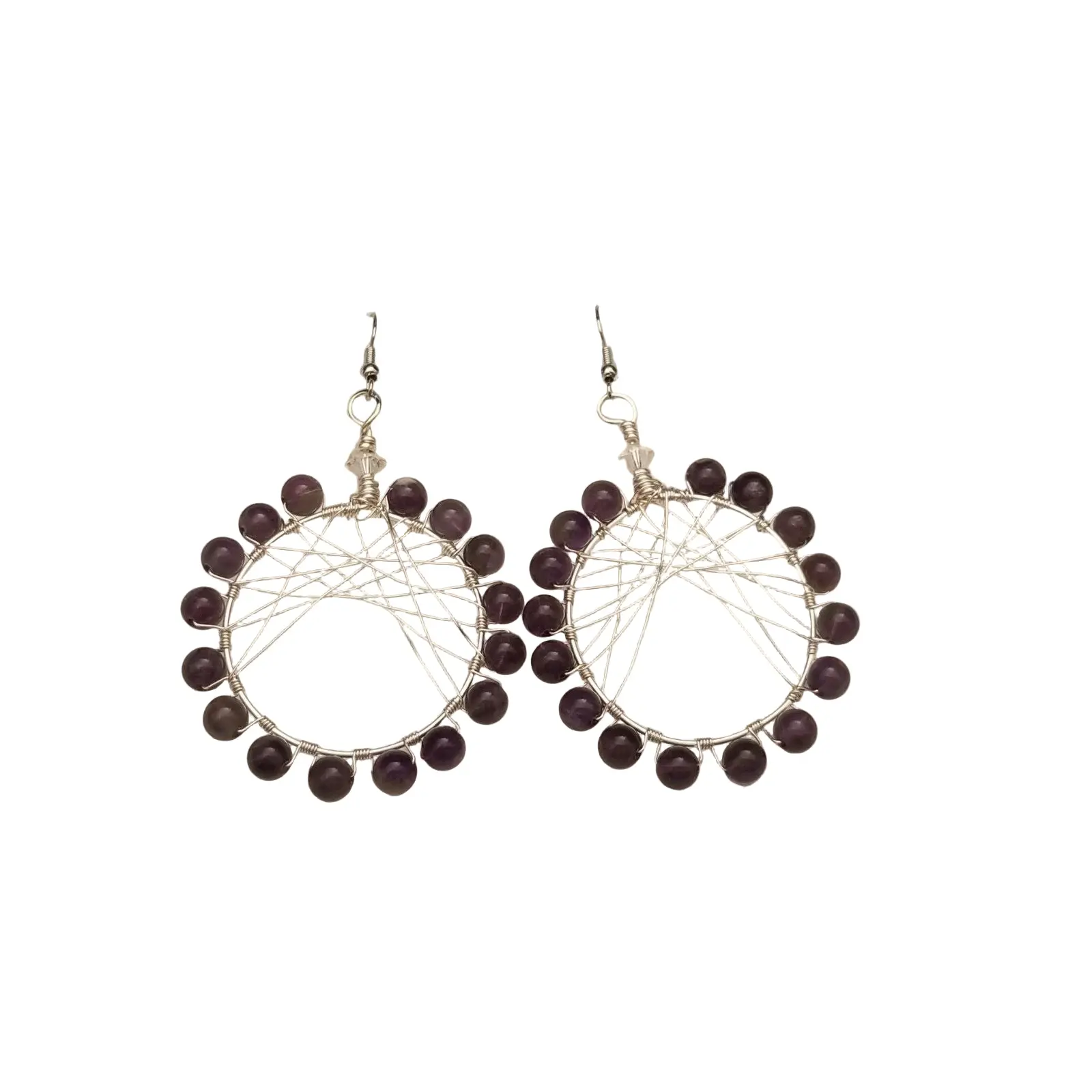 Handmade Amethyst Wire Wrapped Hoop Earrings Boho Dreamcatcher Style Jewelry
