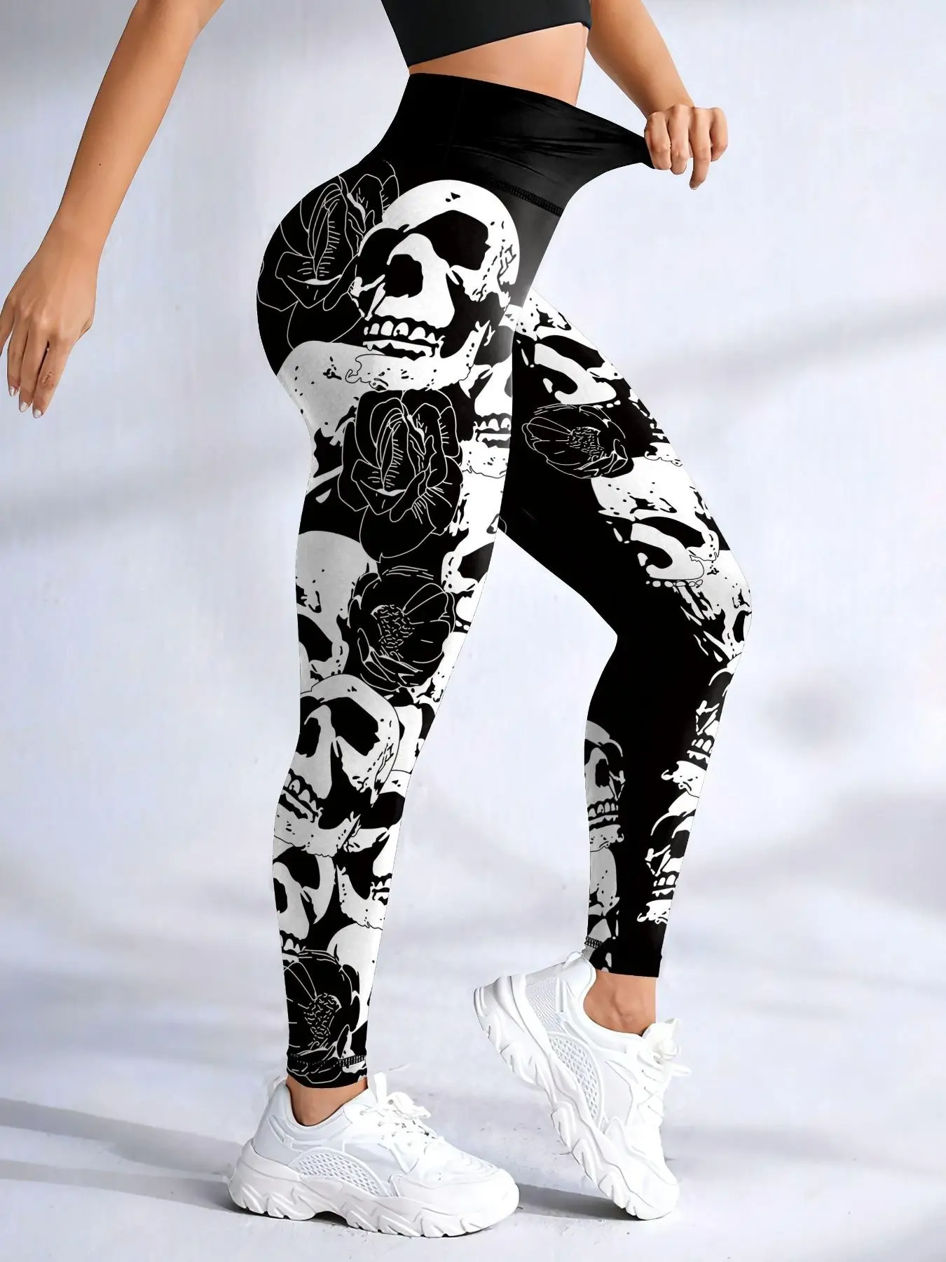 Women's Skull & Flower Print, Casual Comfy Breathable High Stretch Skinny Pants for Yoga Activewear for Fitness Gym Workout Running, Ladies Bottoms for All Seasons, Scrunch Sports Leggings, Breathable Sporty Bottoms