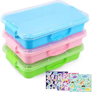 3 Pcs Sensory Bin Sand Tray with Lid & 3 Stickers, Stackable Plastic Storage Containers, Portable Sandbox Organizers for Toys, Sand, Arts and Crafts, Blue Green Pink