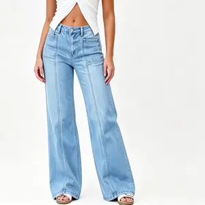Women's High-Waisted Stretchy Denim Jeans - Straight Leg, Baggy Wide Leg Fit, Casual Comfort, Light Wash, Womenswear Bottom for Daily Chic Outfits
