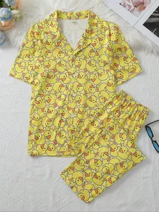 Men's Summer Thin Pajamas Set, Cartoon Duck Print, Button Front Collared Short Sleeve Top & Pants, Casual Home Wear
