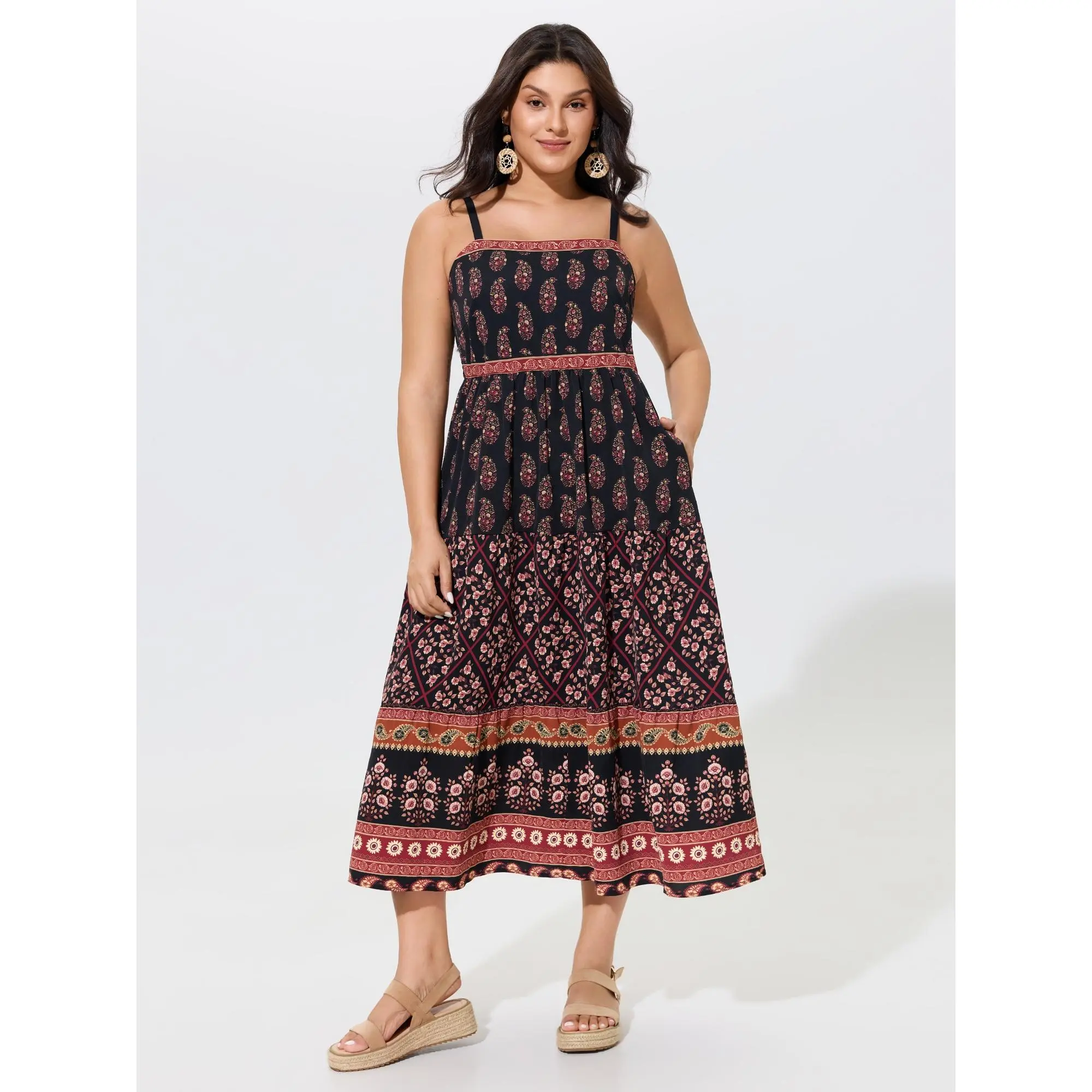 BloomChic Plus Size Women's Bohemian Paisley Print Smocked Midi Dress, Sleeveless Colorblock Polyester with Side Pockets, Casual, Fabric, Garment, Fit, Floral