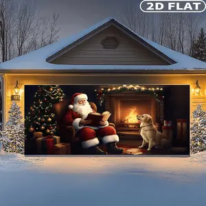 1count Santa & Fireplace Christmas Garage Door Banner, Festive Backdrops & Banners- 6x13ft Festive Polyester Outdoor Decoration, No Power Needed, Xmaxs Party Banner, Photo Backdrop