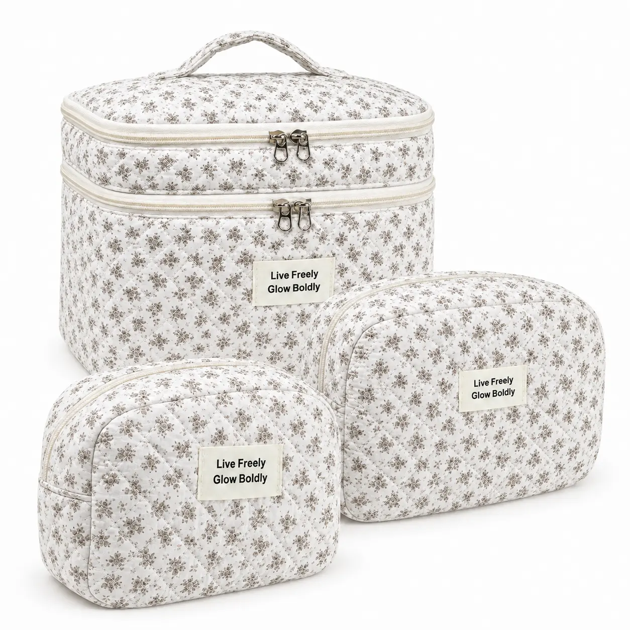 Women's Cotton Cute 3-Piece Floral Quilted Makeup Bag Set - Double-Layer Portable Makeup Organizer with Handle, Zippered Organization Pouch Set, 2 Toiletry Bags for Travel & On-the-Go Use