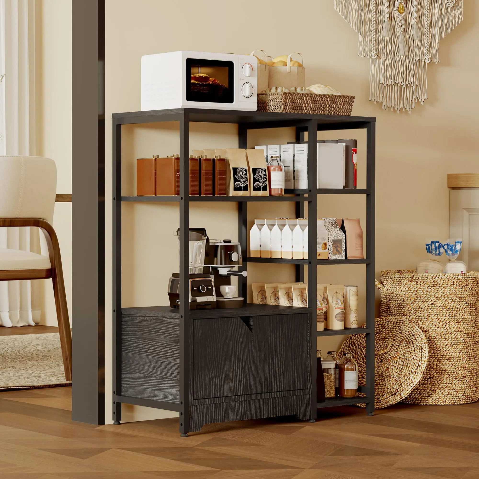 Multifunctional 5-Tier Freestanding Bookshelf - Modern Metal Frame, Storage Drawers, Particle Board Shelves, Sturdy Organizer for Office or Living Room