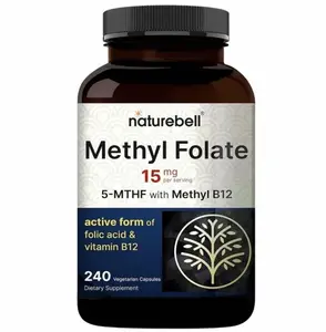 Methyl Folate 15mg - 240 Capsules - 5-MTHF with Methyl B12-15mg L-Methylfolate & 1,000mcg Vitamin B12 - Energy & Cognitive Support Supplement* - Gluten-Free & Non-GMO