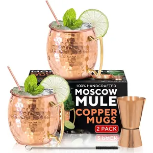 Moscow Mule Copper Mugs - Set of 2,  HANDCRAFTED -  Safe Pure Copper Solid Mugs - 16 oz  Set with   Straws, Straw Cleaning Brush and Jigger!