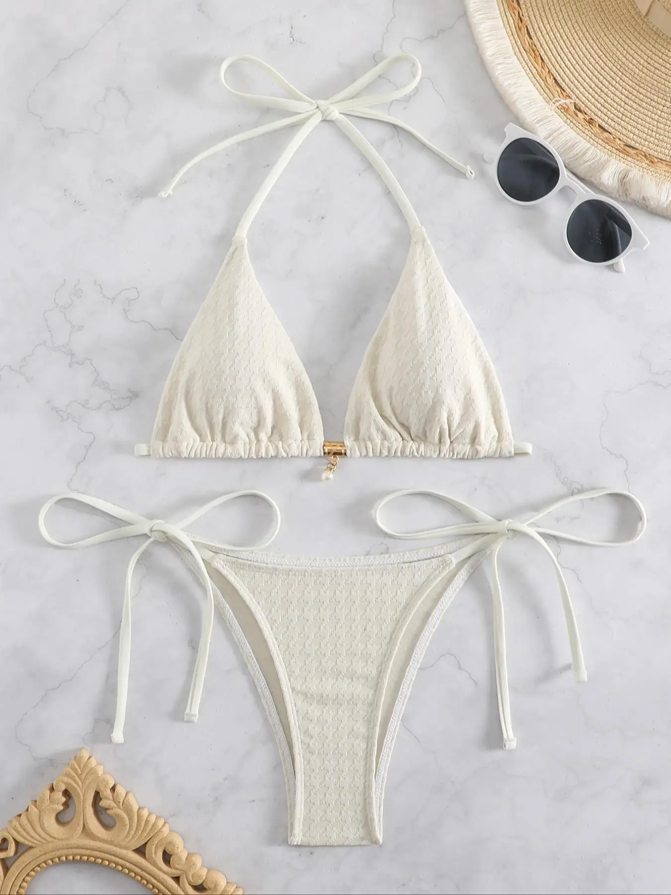 Women's Faux Pearls Decor Tie Back Bikinis Set, Casual Triangle Wireless Swim Bra & Tie Side Swim Bottom, Bathing Suits Women, Bikini Sets Swimsuit fo