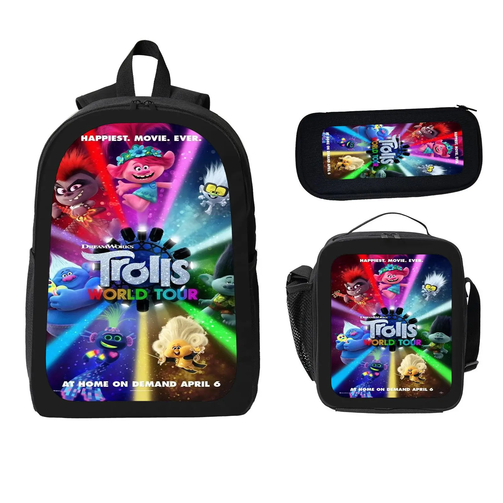 Trolls Movie Unisex 3-Piece Back to School Haul Backpack Set for Kids, Large Space Water Resistant Bookbag with Insulated Lunch Bag & Pencil Case, Travel Days Daypack for Elementary-Middle School c-92