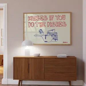 Kisses If You Do the Dishes Poster, Funny Kitchen Wall Art, French Above Sink Print, Handdrawn Modern Illustration, Room Decor, Unframed