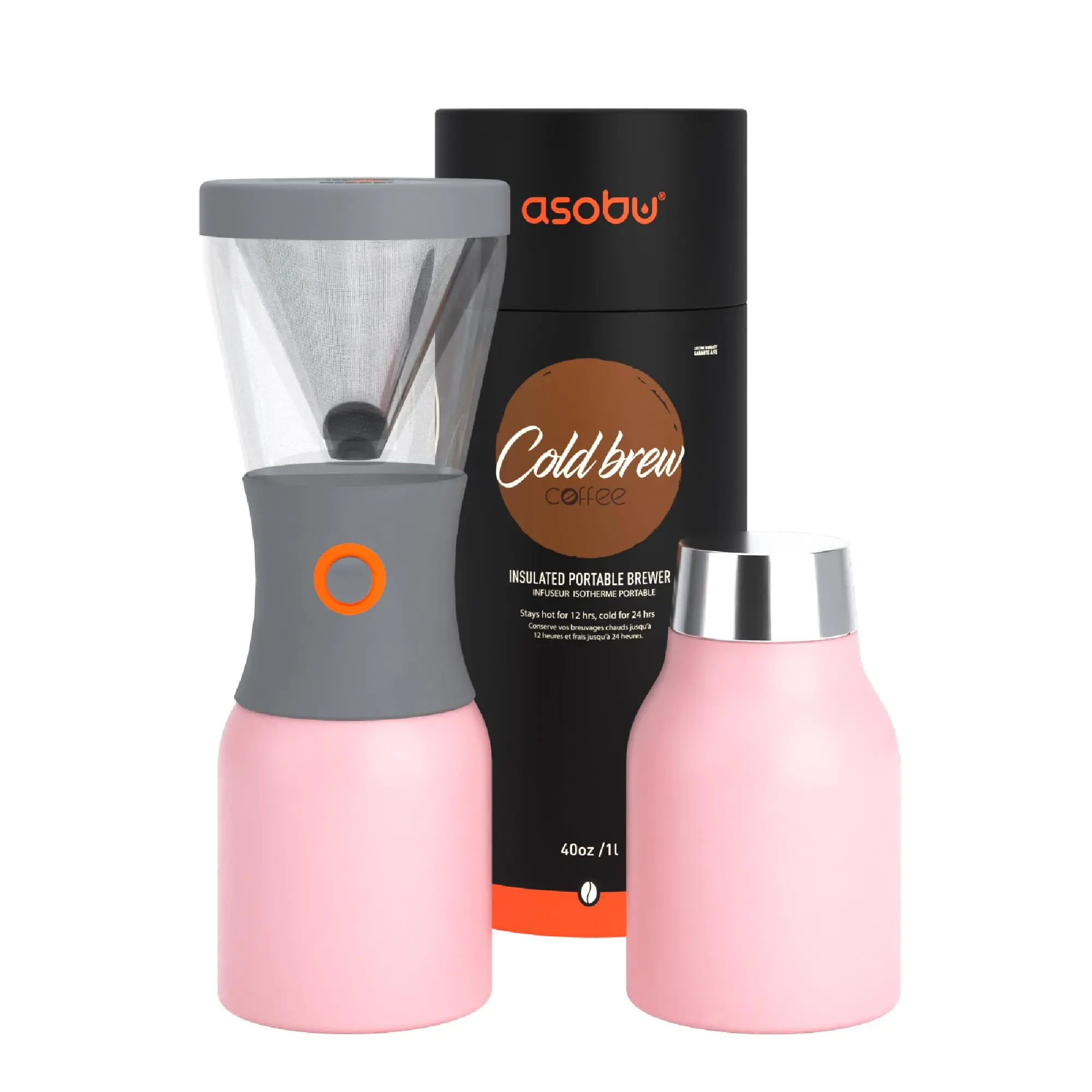 asobu Coldbrew Portable Cold Brew Coffee Maker With a Vacuum Insulated 1 Liter Stainless Steel 18/8 Carafe Bpa Free (Powdered Pink)