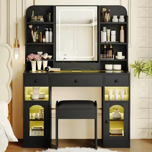 Vanity Desk with LED Mirror & Lights, Glass Top Dressing Table with 3 Drawers, Lighted Vanity Table,Storage Shelves, Stool & RGB Cabinets, Ideal for Bedroom