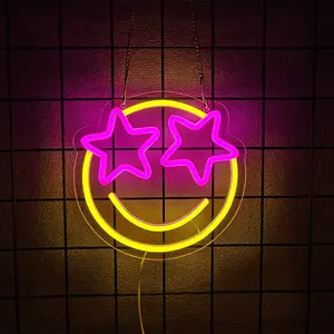 Smile Face Neon Sign,  Led Neon Signs for Wall Decor, Neon Light for Bedroom, Gaming Room, Kids Room, Bar Decoration, Yellow and Pink Light Up Signs for Wedding Birthday Party，USB Powered ,Easy Hanging, Decorative Neon Light