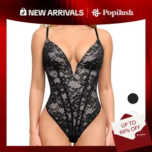 Popilush Plunging V-Neck Lace Corset Shapewear Bodysuit Womenswear Bra-LIVE