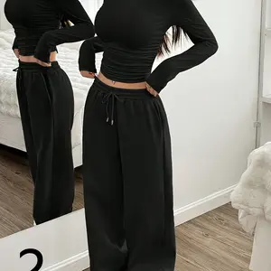 Women's Comfortable Soft Breathable Long Sleeve T-Shirt & Elastic Waist Wide Leg Pants Set, Casual Street Style for Fall & Winter