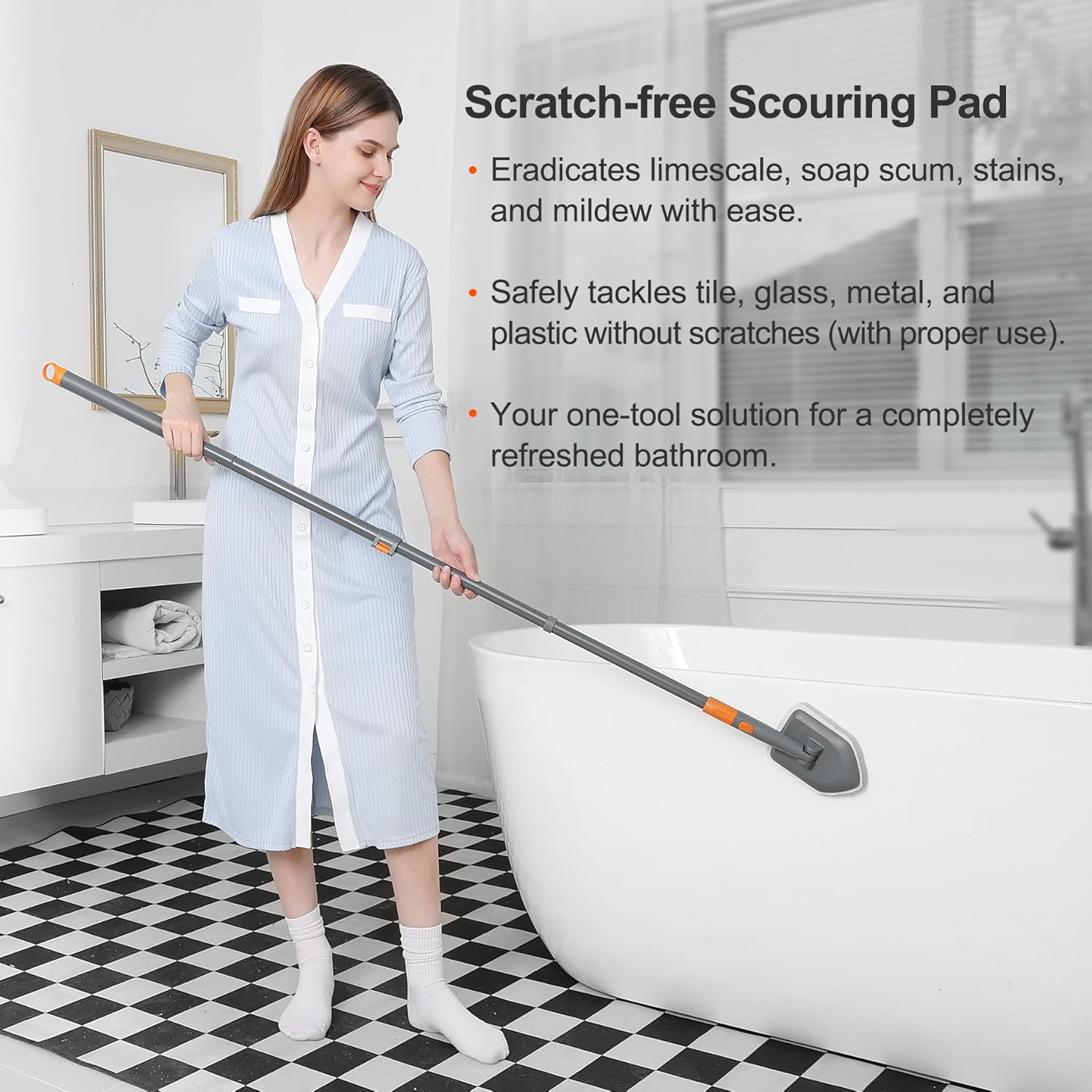 Extendable Tile & Tub Scrubber Brush with 3 Cleaning Heads – Long Handle Bathroom & Kitchen Cleaning Tool