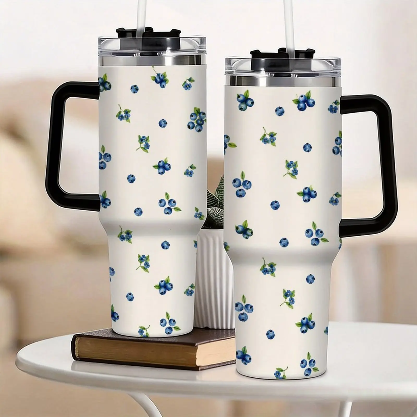 40oz Blueberry Pattern Insulated Cup, Mug, Flasks, Insulated Drinkware, Dual-Layer Vacuum Stainless Steel, Leak-Proof Handle,, Ideal for Summer Office Travel Home