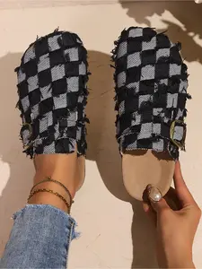 2026 New Women's Frayed Denim Checkered Mules, Vintage Distressed Plaid Closed Toe Clogs, Comfortable Slip On Slides for Summer OutdoorWomen's Black White Checkered Denim Mules, Frayed Distressed Plaid Buckle Strap Clogs, Casual Closed Toe Slides for All